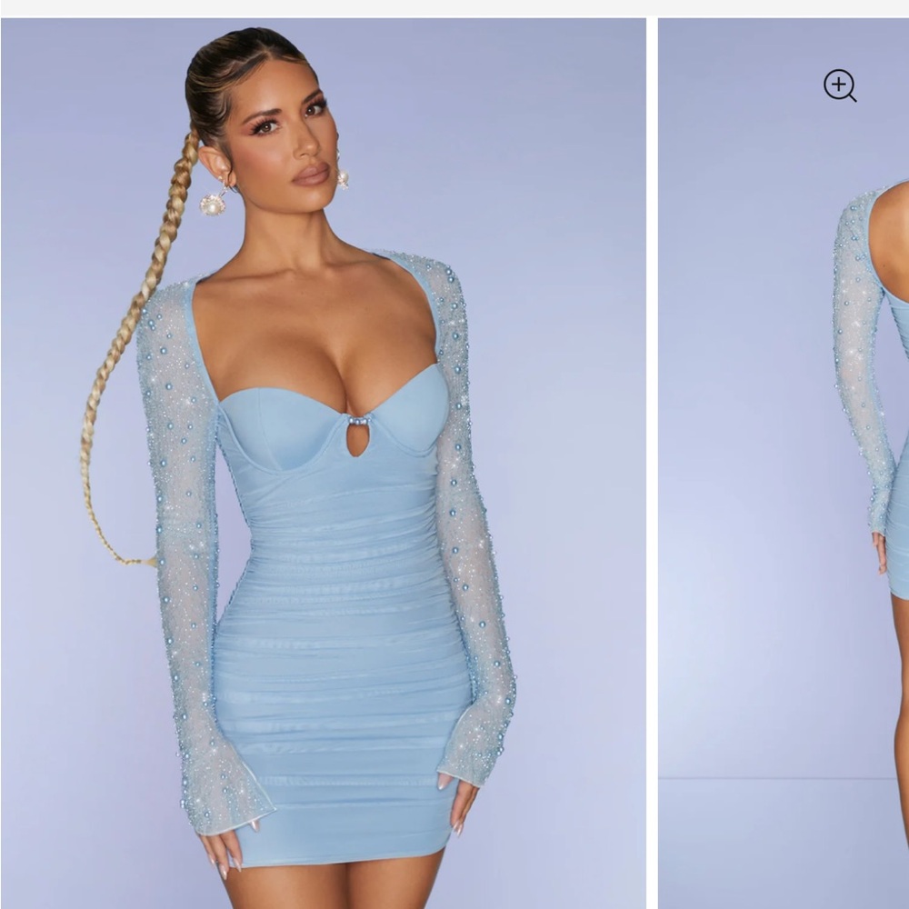 Oh Polly Light Blue Embellished Long Sleeve Dress